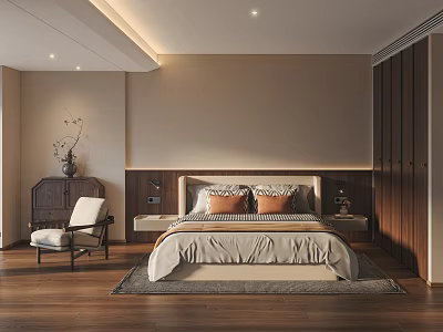 Modern Bedroom Interior Design With Wooden Bed Headboard Nightstand Chair And Rug 3d model