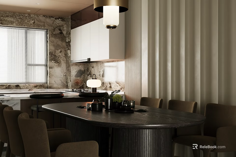 Elegant Modern Restaurant Interior With Round Dining Table Hanging Lamp And Chairs 3d model 