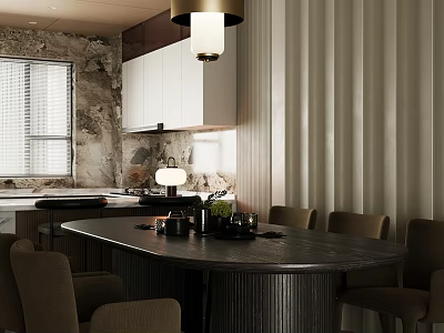 Elegant Modern Restaurant Interior With Round Dining Table Hanging Lamp And Chairs 3d model