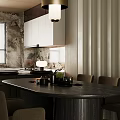 Elegant Modern Restaurant Interior With Round Dining Table Hanging Lamp And Chairs