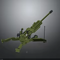 Green Military Artillery Weapon Model with Long Gun Barrel Carriage and Wheels