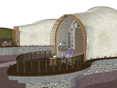 Dome shaped Boutique Guesthouse With Wooden Frame Deck Stone Wall And Purple Chairs 3d model