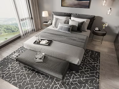 Double Bed Interior with Gray Bedding Scenic Window View Nightstand Lamp Footstool and Geometric Rug 3d model