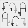 Different Modern Faucet Designs in Black and Silver Displayed on White Background