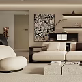 Modern Living Room Interior With Beige Sofa Coffee Table Wall Shelves And Art
