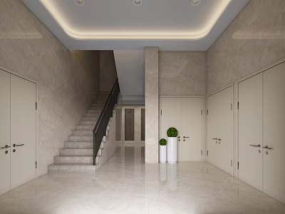 Elevator Hallway With Marble Walls Floor Staircase Black Handrail White Doors And Green Plants 3d model