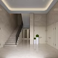 Elevator Hallway With Marble Walls Floor Staircase Black Handrail White Doors And Green Plants