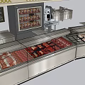 Supermarket Department Store Butcher Shop With Meat Display Counter And Customers Shopping Carts