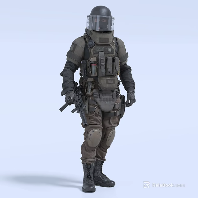 Tactical Soldier In Full Gear With Body Armor Helmet Knee Pads And Assault Weapon 3d model 