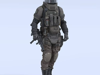 Tactical Soldier In Full Gear With Body Armor Helmet Knee Pads And Assault Weapon 3d model