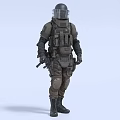 Tactical Soldier In Full Gear With Body Armor Helmet Knee Pads And Assault Weapon