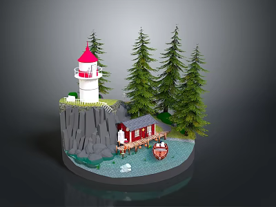 Miniature Coastal Landscape With Red White Lighthouse Rocky Cliff Wooden Cabin Pine Trees And Boat 3d model