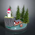 Miniature Coastal Landscape With Red White Lighthouse Rocky Cliff Wooden Cabin Pine Trees And Boat
