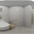 Accessible Bathroom Interior With White Tiles Yellow Grab Bars Toilet Sink And Shower Area