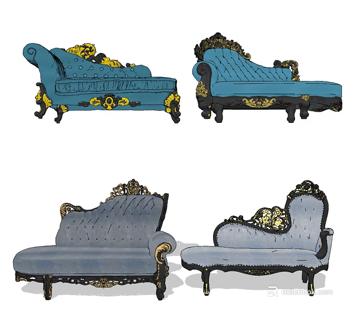 Ornate Chaise Lounge Designs with Gold Accents and Classical Decor Elements 3d model 