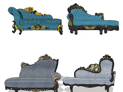 Ornate Chaise Lounge Designs with Gold Accents and Classical Decor Elements 3d model