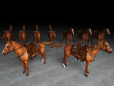 Multiple Brown Horses With Leather Saddles Arranged On Grey Floor Against Black Background 3d model
