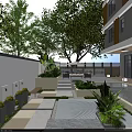 Modern Garden Landscape With Stone Paving Green Plants Lighting Water Feature And Building Facade