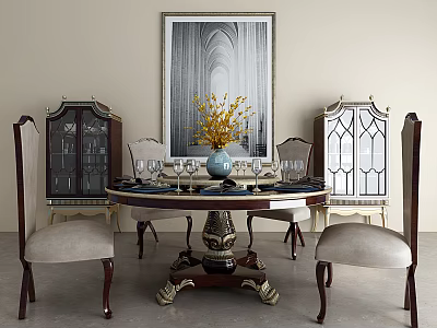 Elegant Round Dining Table Set With Chairs Flower Vase Display Cabinets And Wall Art 3d model