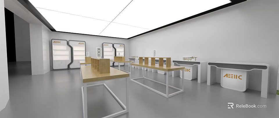 Modern Exhibition Space With Wooden Display Tables Glass Showcases And White Walls 3d model 