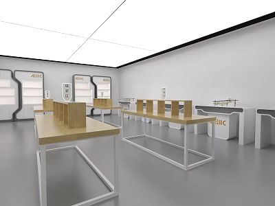 Modern Exhibition Space With Wooden Display Tables Glass Showcases And White Walls 3d model