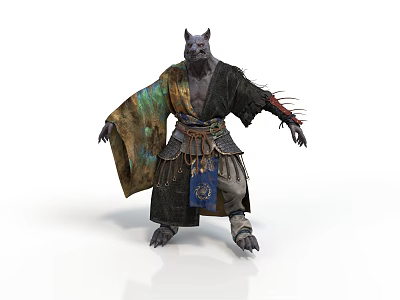 Wolf Headed Man In Traditional Robe With Colorful Sash Clawed Hands And Arm Tassels 3d model
