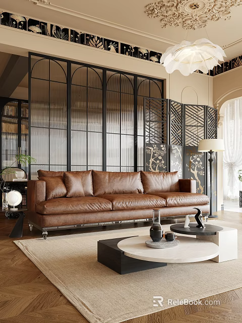 Stylish Living Room Interior With Brown Leather Sofa Black Lattice Screen And Floor Lamp 3d model 