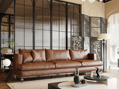 Stylish Living Room Interior With Brown Leather Sofa Black Lattice Screen And Floor Lamp 3d model
