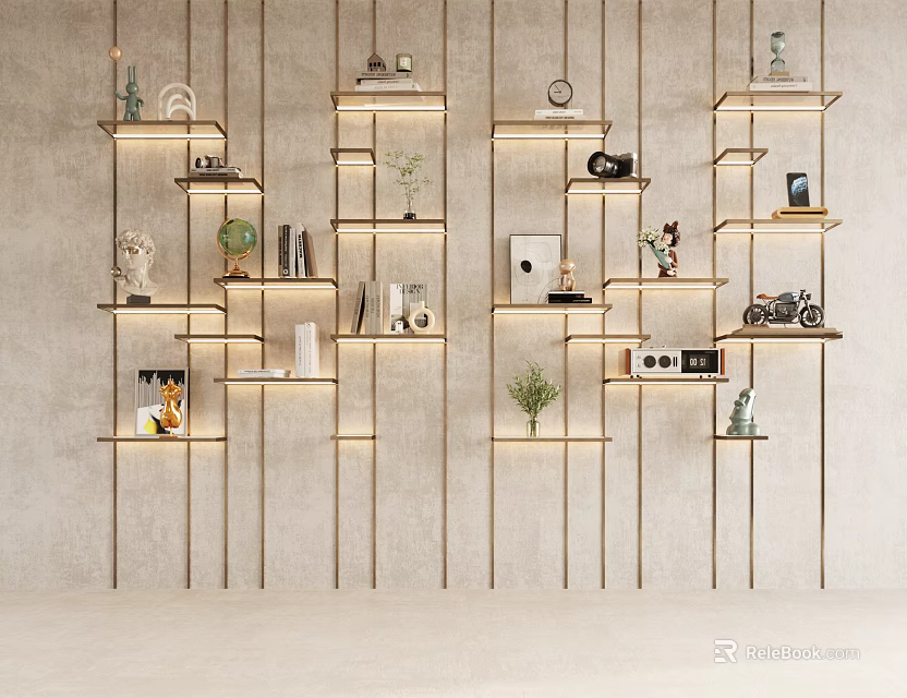 Modern Wall Mounted Shelving Units With Decorative Items Small Plants Books And LED Lighting 3d model 
