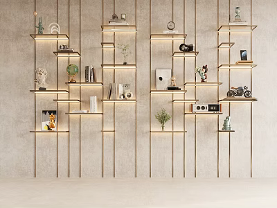 Modern Wall Mounted Shelving Units With Decorative Items Small Plants Books And LED Lighting 3d model