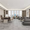 Modern Office Interior With Large Windows Wooden Bookshelves Gray Floor Office Desk And Sofa Seating