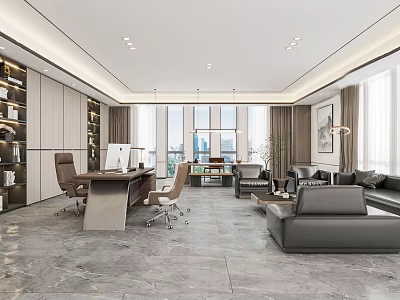 Modern Office Interior With Large Windows Wooden Bookshelves Gray Floor Office Desk And Sofa Seating 3d model