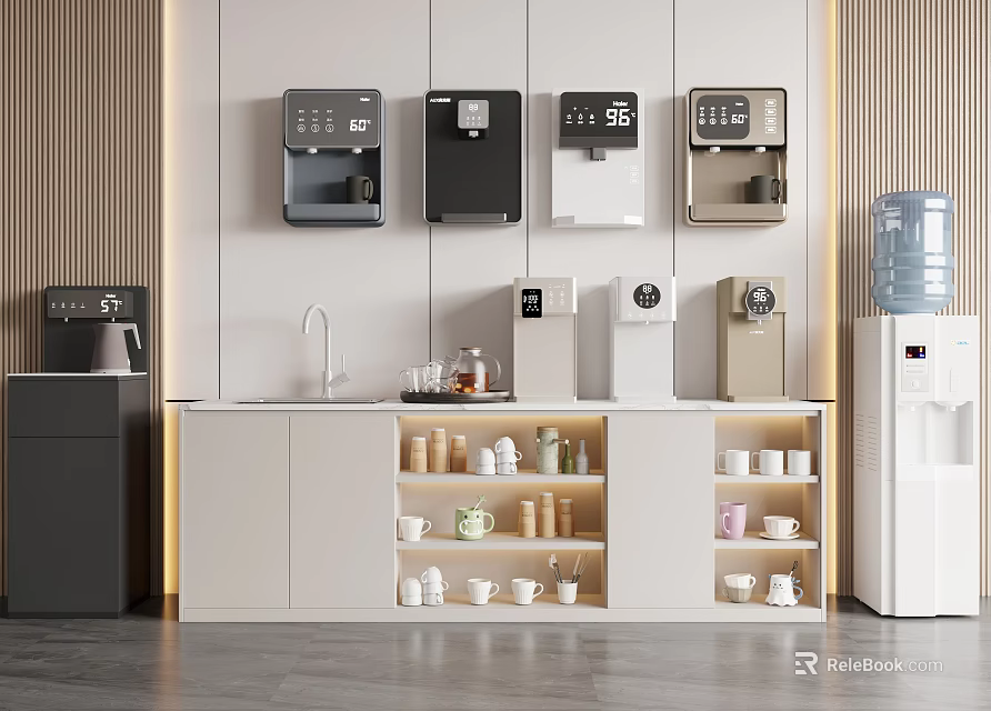 Modern Kitchen Area With Various Color Daily Appliances And Storage Shelves 3d model 