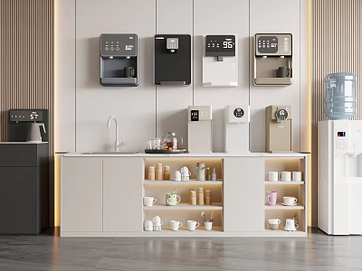 Modern Kitchen Area With Various Color Daily Appliances And Storage Shelves 3d model