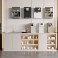Modern Kitchen Area With Various Color Daily Appliances And Storage Shelves