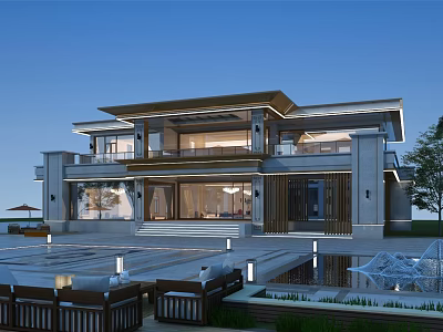 Modern Detached Villa Exterior Design With Courtyard Swimming Pool And Outdoor Lighting 3d model
