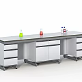 Laboratory Workbench with Colored Conical Flasks Drawers and Cabinets in White and Gray Design