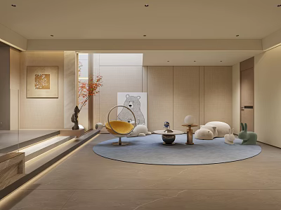 Minimalist Entertainment Room With Yellow Chair Round Carpet White Decor And Wooden Elements 3d model