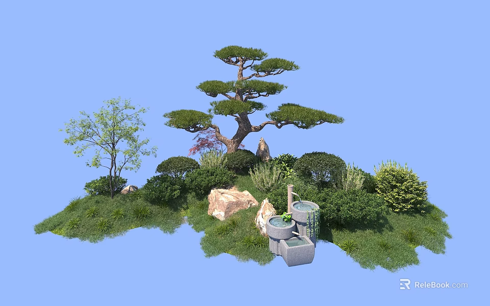 Lush Garden Shrubs Surrounded By Pine Tree Rocks Grass And Water Basin 3d model 