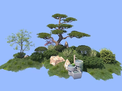 Lush Garden Shrubs Surrounded By Pine Tree Rocks Grass And Water Basin 3d model