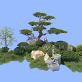 Lush Garden Shrubs Surrounded By Pine Tree Rocks Grass And Water Basin