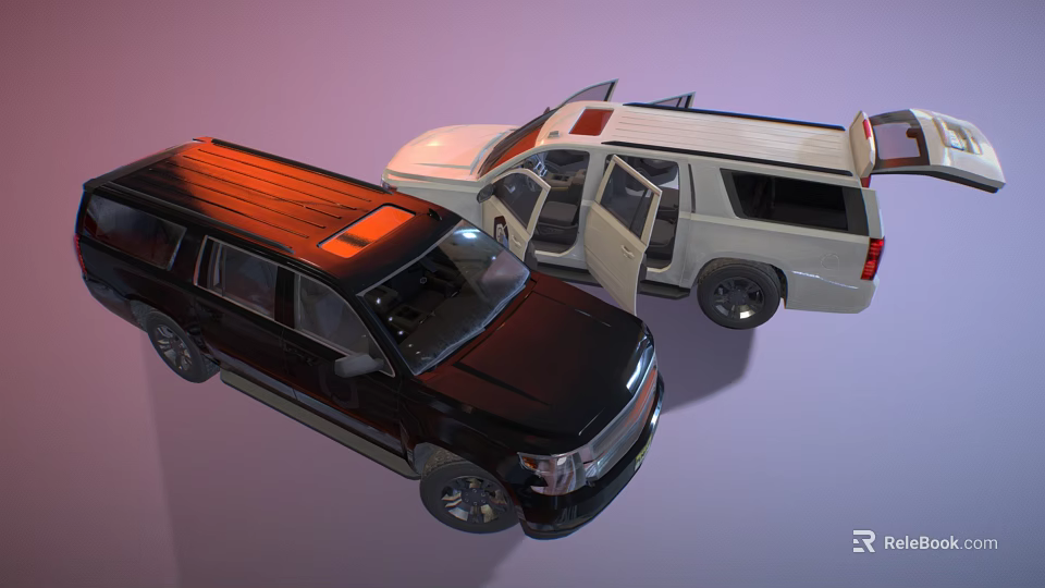 Black SUV and White Van Two Cars with Open Doors and Interior View 3d model 