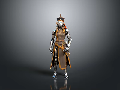 Detailed Mechanical Character In Brown Robes With Metallic Parts And Hat 3d model