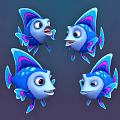 Cartoon Characters With Two Blue Fish Featuring Purple Pink Fins And Smiling Faces