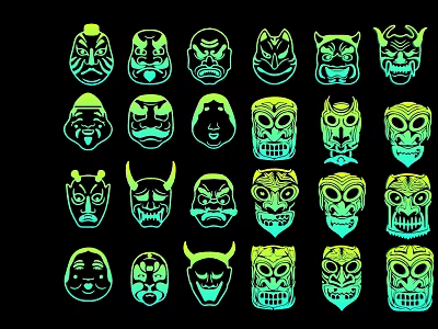 Fluorescent Green Decorative Mask Pendants With Various Designs On Black Background 3d model