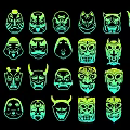 Fluorescent Green Decorative Mask Pendants With Various Designs On Black Background
