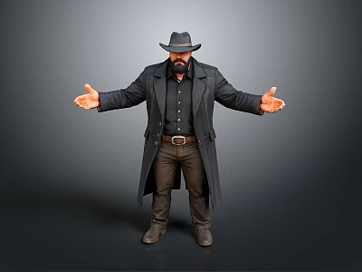 Man Wearing Black Hat Long Coat And Brown Pants With Arms Outstretched On Grey Background 3d model