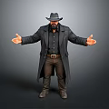 Man Wearing Black Hat Long Coat And Brown Pants With Arms Outstretched On Grey Background