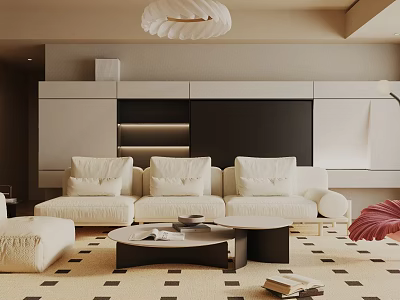 Modern Living Room Interior Design With Beige Sofa White Pendant Light And Round Coffee Table 3d model