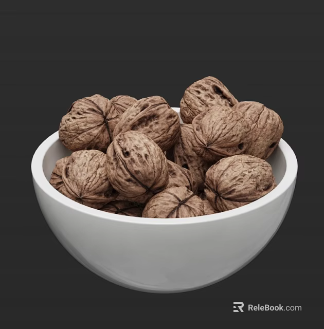 Bunch of Whole Fresh Walnuts in White Bowl on Dark Background 3d model 